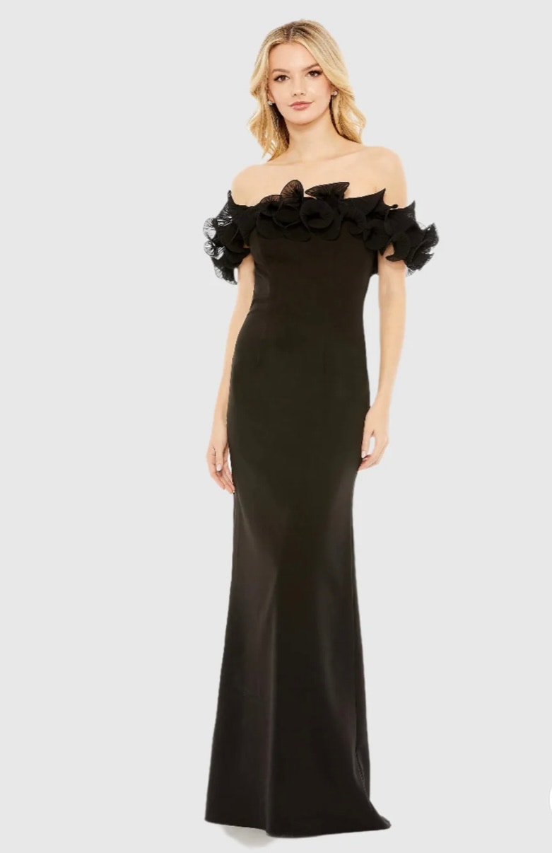 Ieena 4 Mac Duggal Off The Shoulder Ruffle Detail Column Gown Black 4 Nwt 49643